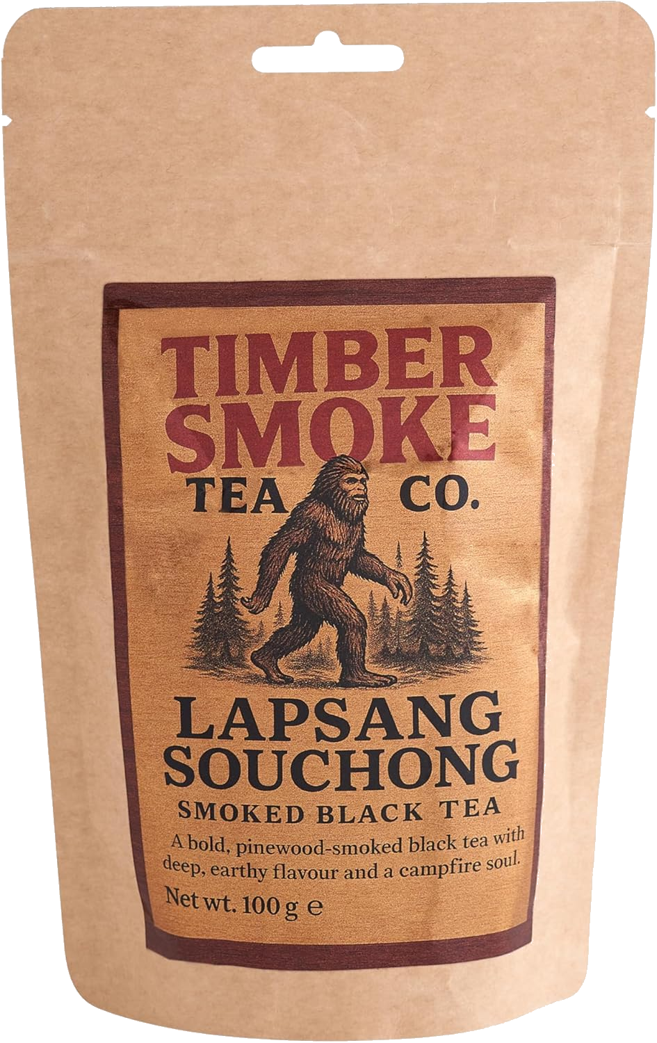 Timber Smoke Tea Co. Lapsang Souchong 100g kraft pouch with Bigfoot illustration