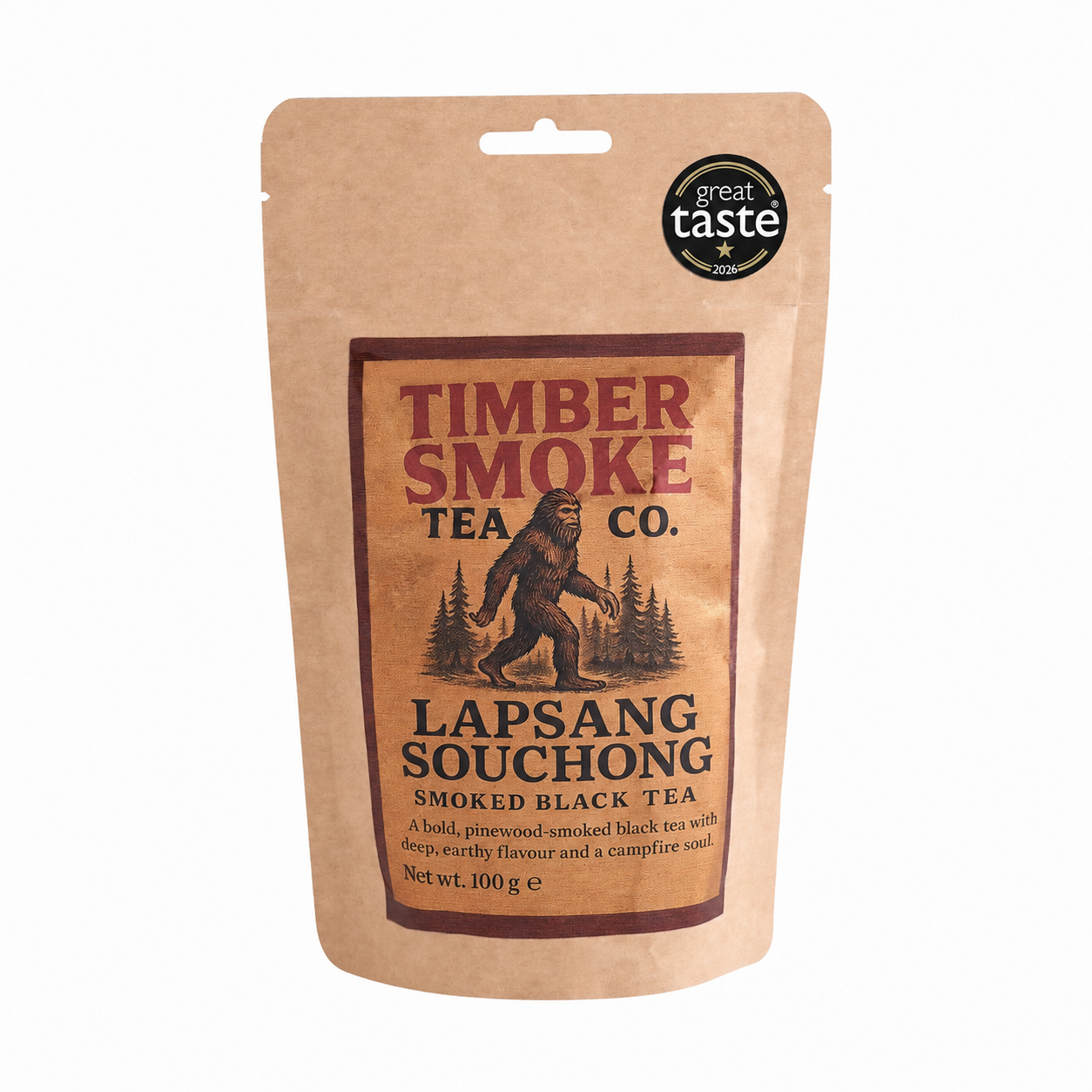Timber Smoke Tea Co. Lapsang Souchong 100g kraft pouch with Bigfoot illustration
