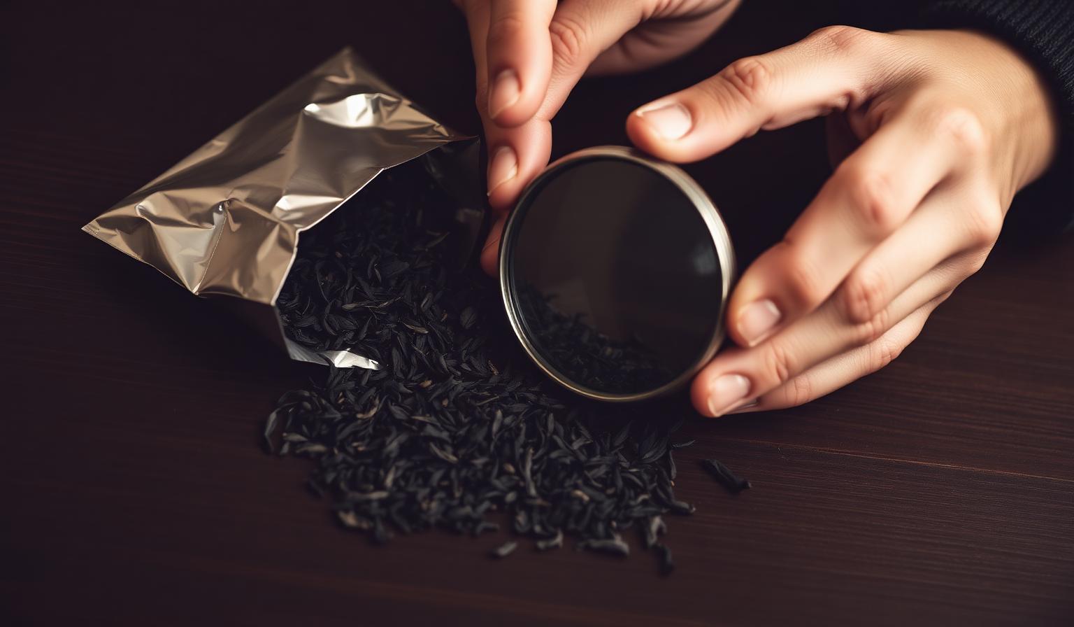 Loose-leaf black tea spilling from a foil pouch onto dark wood