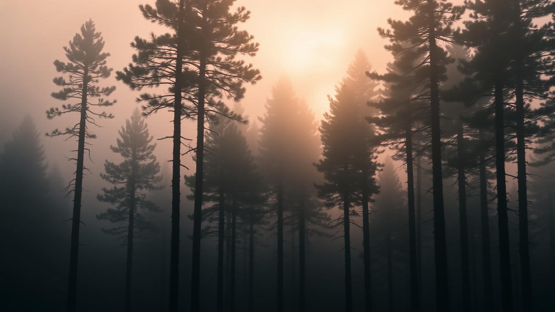 Misty pine forest at dawn