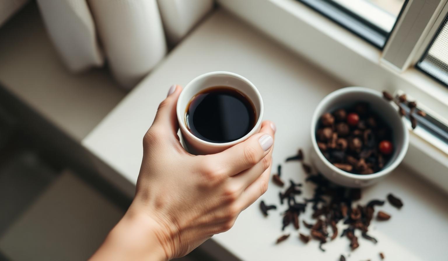 Hand holding a warm cup of black tea by a sunlit window