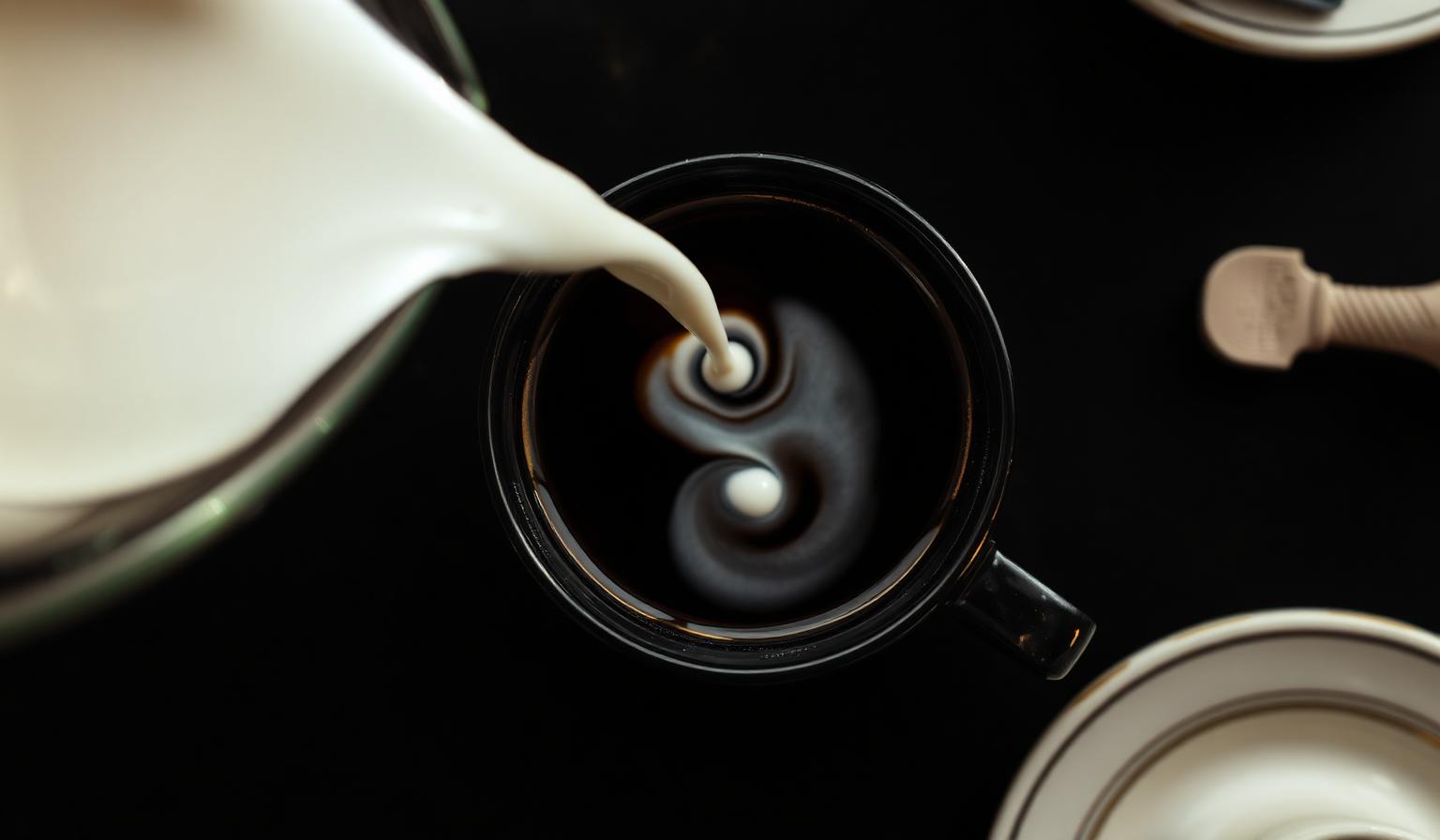 Cream swirling into a dark cup of black tea from above